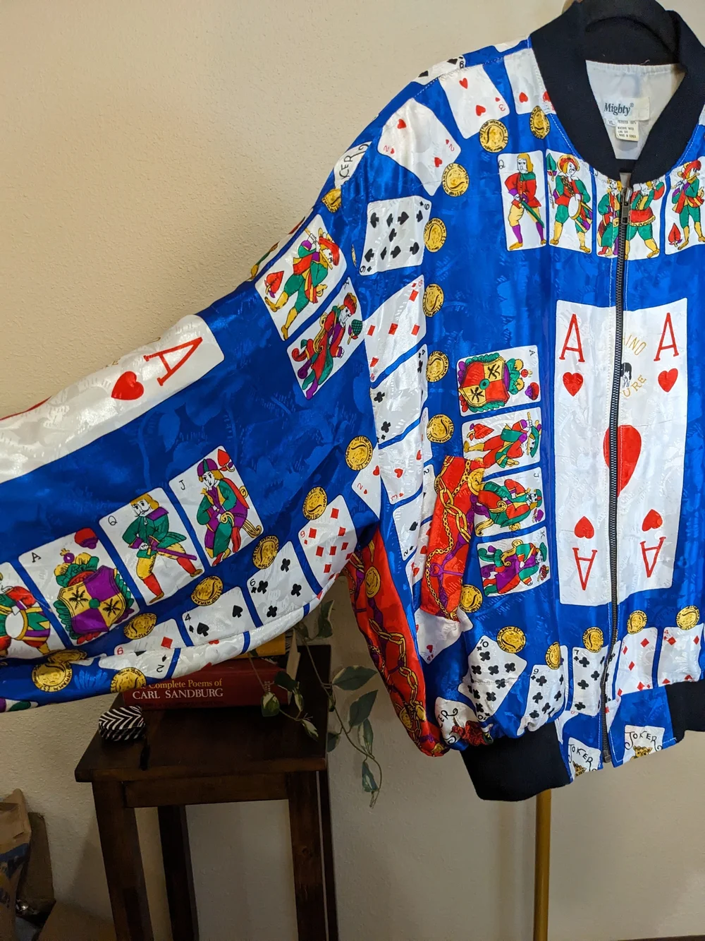 Vintage Mighty Satin Bomber Jacket XL Blue Casino Playing Cards Poker Moschino